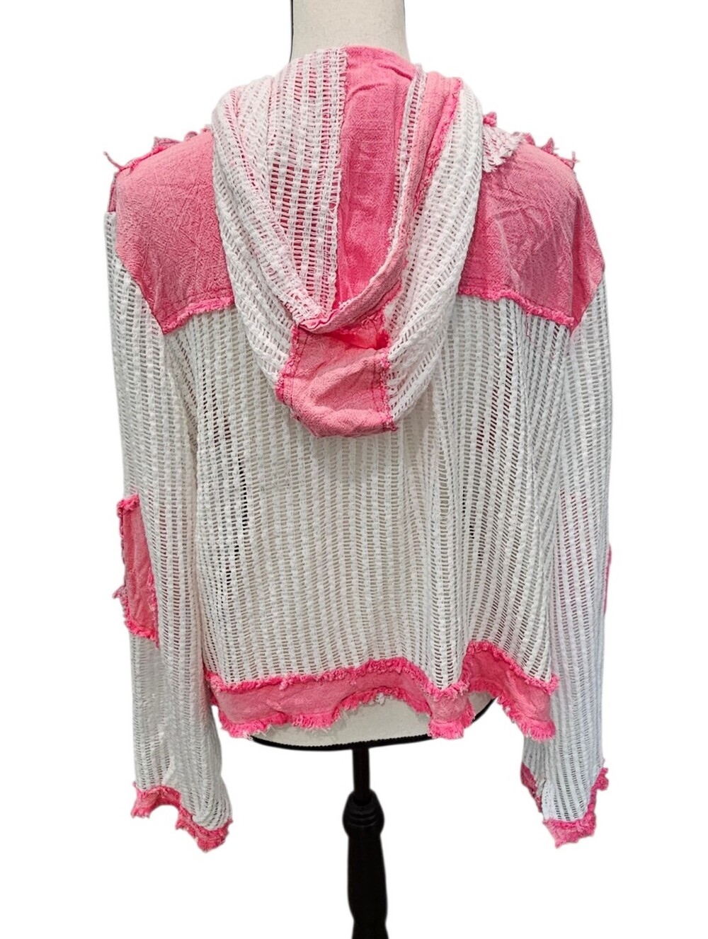 POL Pink and White Open Knit Button-Front Hooded Cotton Shirt NEW - Picture 3 of 8